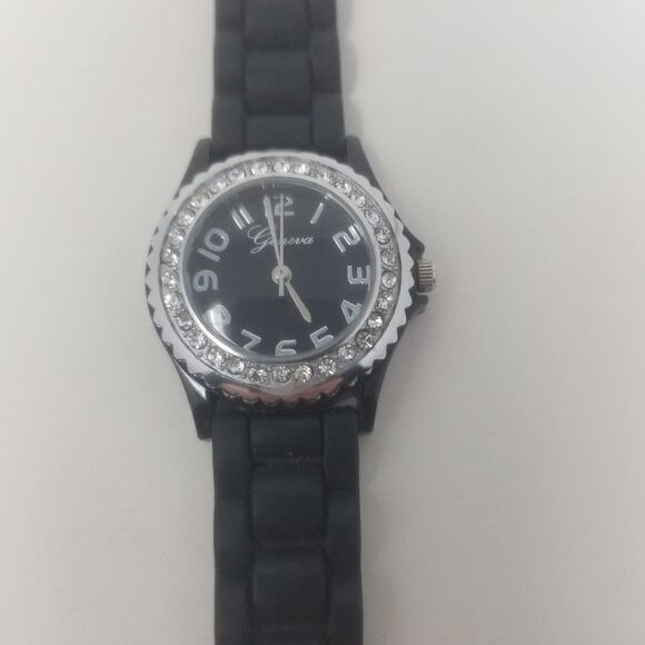 Geneva Black Silicone Adjustable Strap Gemmed Crystal Bezel 10026 Women's Watch - Picture 2 of 13